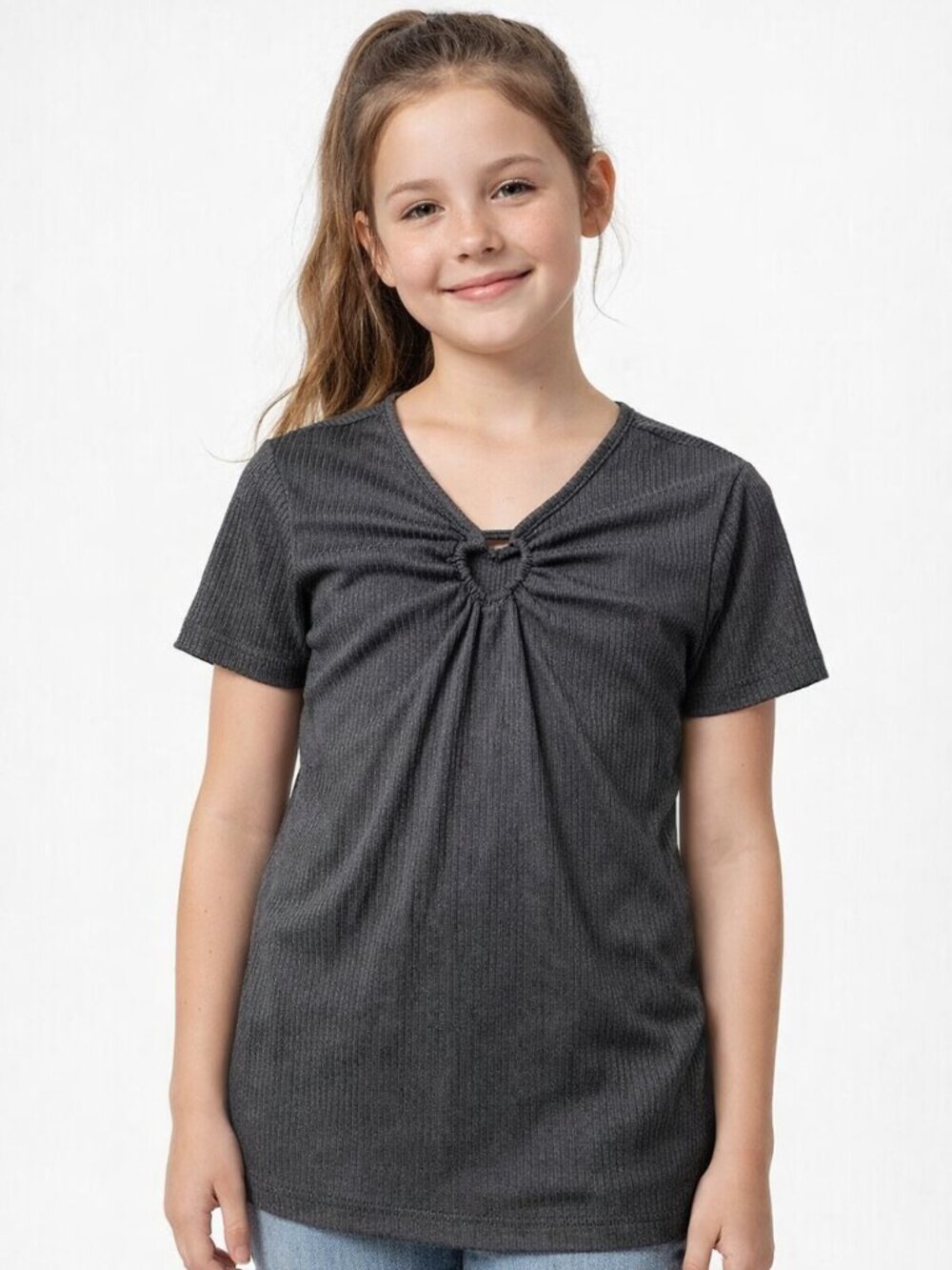 Glitter Girl Girls Black Ribbed Short Sleeve Open Heart Top Large 10/12